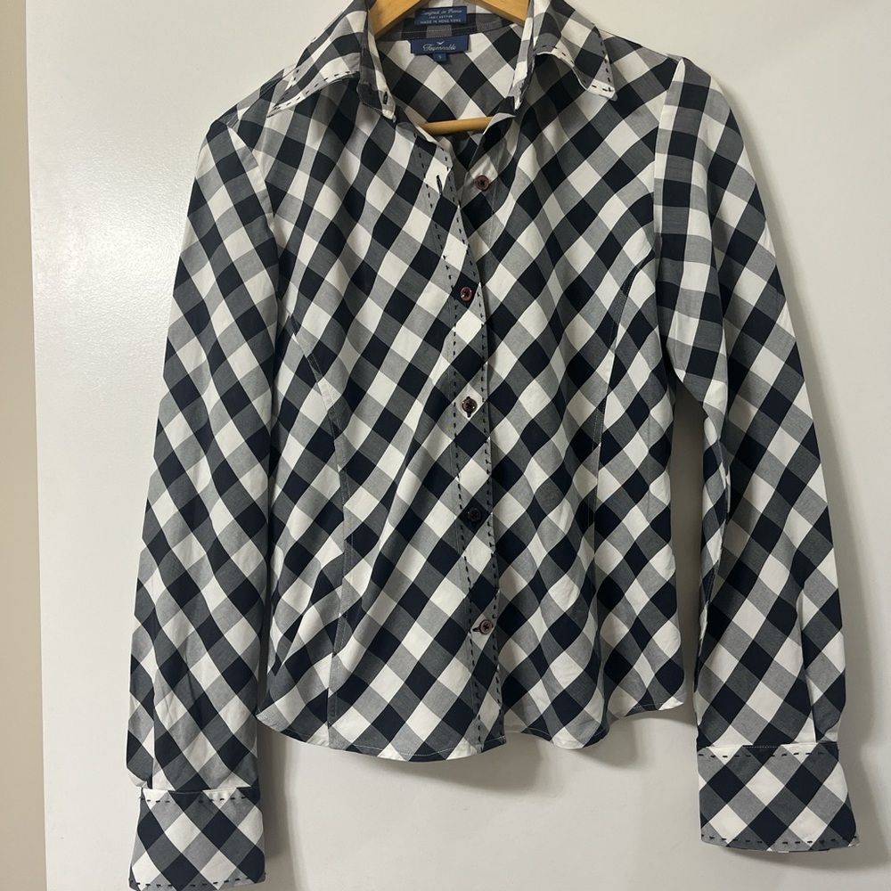 Faconnable Black and White Gingham Button Down Shirt, Size Small